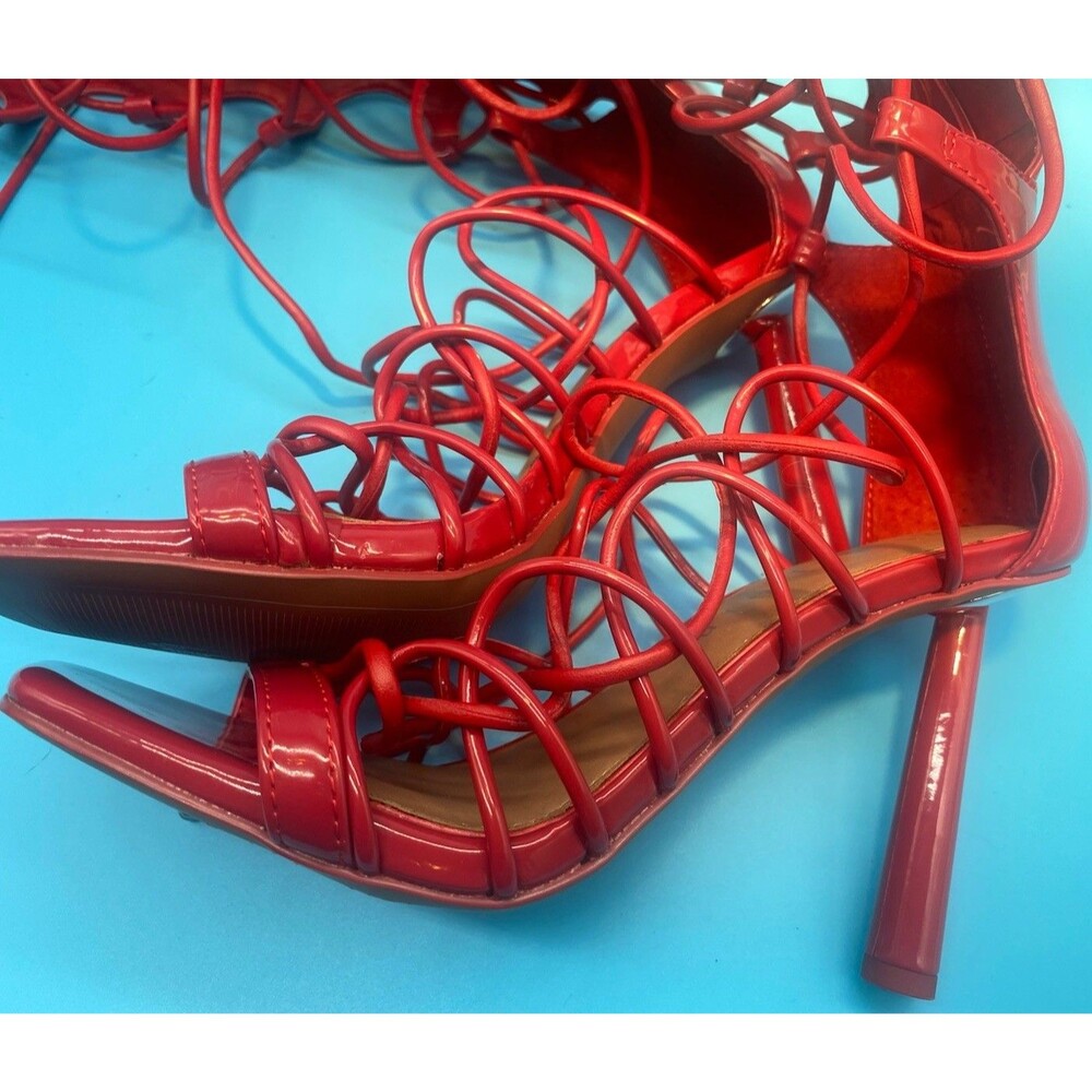 Women’s Red Knee-High Lace Up Stiletto Sandal Strappy Open Toe Party Heels -Sz 7